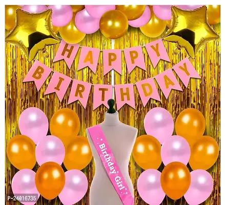 Happy Birthday Combo Set, Happy Birthday Pink Banner 1Pcs 24 Pcs Golden Pink Metallic Balloons 2 Pcs Golden Foil Curtain, 2 Pcs Star Foil With 1 Pcs Free Any Random Colour Happy Birthday Girl Sashnbsp;-thumb0