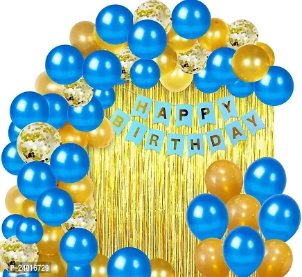 Happy Birthday Combo Set Happy Birthday Blue Banner 1 Pcs 30 Pcs Blue Golden Metallic Balloons 2 Pcs Golden Foil Curtain With 3 Pcs Golden Confetti For Party Decoration