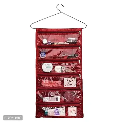 ANSARI HANDICRAFT ANAZONKART(TM) wall Hanging Organizer|Jewellery Hanging Organizer|Satin 6 Transparent Zipper Foldable Storage Organizer (Maroon)-thumb0