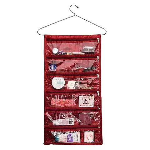 ANSARI HANDICRAFT ANAZONKART(TM) wall Hanging Organizer|Jewellery Hanging Organizer|Satin Zipper Foldable Storage Organizer (Maroon)