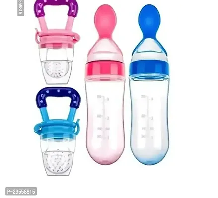 2 Baby Squeeze Silicone Spoon Feeding Bottles with 2 Fruit Vegetable Nibblers Soother Teether pack 4-thumb0