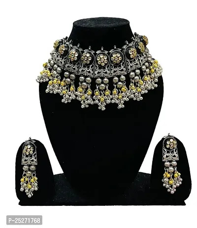 RADHYA FASHION Silver Oxidised Stone Studded Peacock Design Choker Necklace Set with Earrings | Jewellery Set for Women and Girls White colour-thumb0