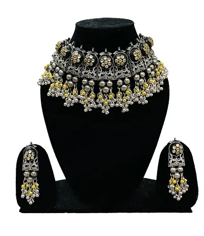 RADHYA FASHION Silver Oxidised Stone Studded Peacock Design Choker Necklace Set with Earrings | Jewellery Set for Women and Girls White colour