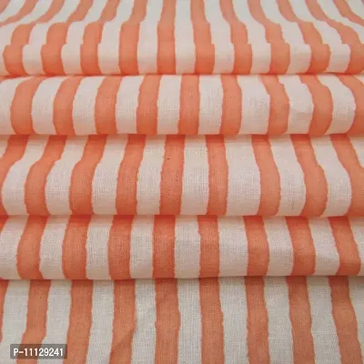 COTTON QUILT Sanganeri Bagru Block Print 100% | Shirt Fabric, Cloth Making Sewing | Hand Made Striped | Light Weight Cotton Fabric (2M, Orange x White)