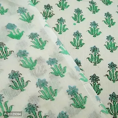 COTTON QUILT Cotton Fabric Hand Block Printed Fabric Craft Making Sewing Dress Material Voile Fabric Hand Block Printed Fabric Handmade (2.5m, White-Green)-thumb2