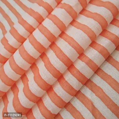 COTTON QUILT Sanganeri Bagru Block Print 100% | Shirt Fabric, Cloth Making Sewing | Hand Made Striped | Light Weight Cotton Fabric (2M, Orange x White)-thumb2