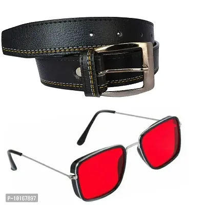 Men Black Belt , Men Black Pin Buckle Artificial Leather Belt With U V Protected Sunglasses (Red)