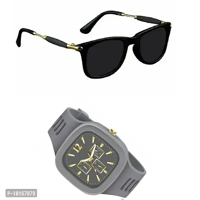 Full Rim, Metal side Trendy and Stylish Black Rectangular Sunglasses For Men & Boys With Trending Analog Watch (GREY)-thumb2