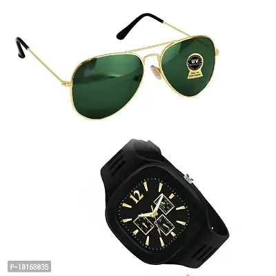 Full Rim , Trendy & Stylish Aviator Sunglasses For Men & Boys With Stylish Analog Wrist Watch (BLACK)-thumb0
