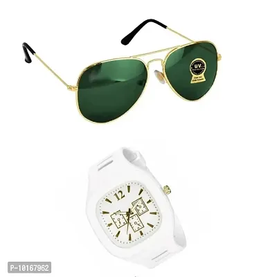 Full Rim , Trendy & Stylish Aviator Sunglasses For Men & Boys With Stylish Analog Wrist Watch (WHITE)-thumb0