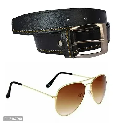 Men Black Belt , Men Black Pin Buckle Artificial Leather Belt With U V Protected Sunglasses (Brown)