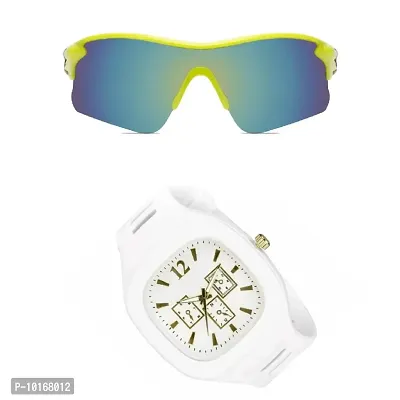 Sports Sunglasses, U V Protected Sports Sunglasses For Boys & Men With Free Analog & Digital Watch (WHITE)