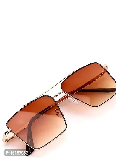 Retro Rectangular Sunglasses Premium Glass Lens Flat Metal Sun Glasses Men Women (BROWN)-thumb4