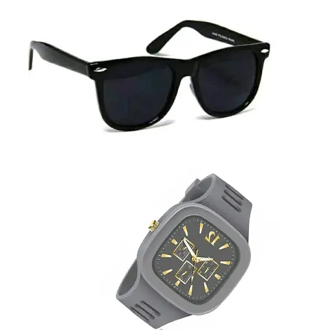 Full Rim , Trendy And Stylish U V Protected Rectangular Sunglasses For Men & Boys With Free Analog Wrist Watch (GREY)