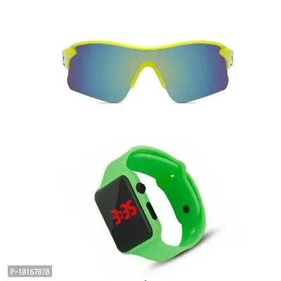Sports Sunglasses, U V Protected Sports Sunglasses For Boys & Men With Free Analog & Digital Watch (GREEN)-thumb0