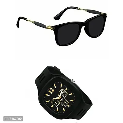Full Rim, Metal side Trendy and Stylish Black Rectangular Sunglasses For Men & Boys With Trending Analog Watch (BLACK)