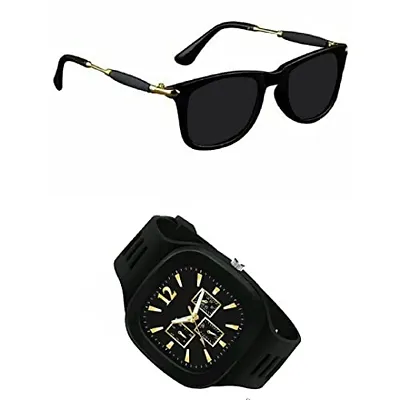 Full Rim, Metal side Trendy and Stylish Black Rectangular Sunglasses For Men  Boys With Trending Analog Watch (BLACK)