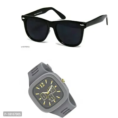 Full Rim , Trendy And Stylish U V Protected Black Rectangular Sunglasses For Men & Boys With Free Analog Wrist Watch (GREY)-thumb2