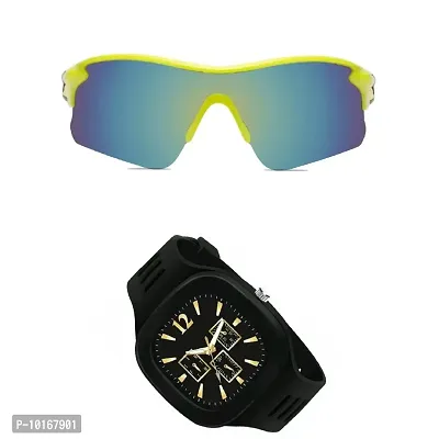Sports Sunglasses, U V Protected Sports Sunglasses For Boys & Men With Free Analog & Digital Watch (BLACK)-thumb2