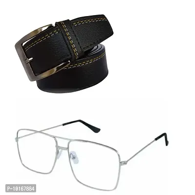 Men Black Belt , Men Black Pin Buckle Artificial Leather Belt With U V Protected Sunglasses (silver)-thumb0