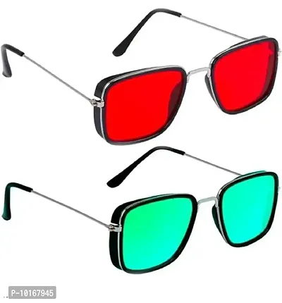 Sunglasses Combo , Men Alloy Frame Square Sunglasses ,U V Protected Combo Pack of 2 (GREEN & RED)