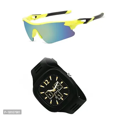 Sports Sunglasses, U V Protected Sports Sunglasses For Boys & Men With Free Analog & Digital Watch (BLACK)-thumb0