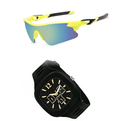 Sports Sunglasses, U V Protected Sports Sunglasses For Boys & Men With Free Analog & Digital Watch (BLACK)