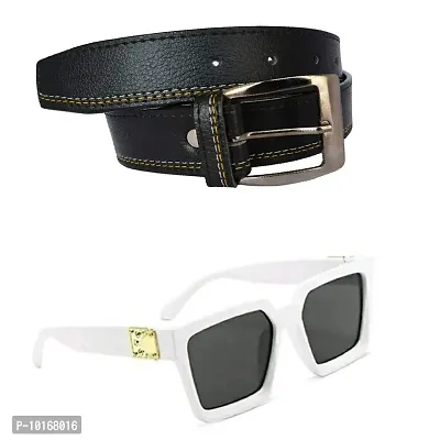 Men Black Belt , Men Black Pin Buckle Artificial Leather Belt With U V Protected Sunglasses (White)