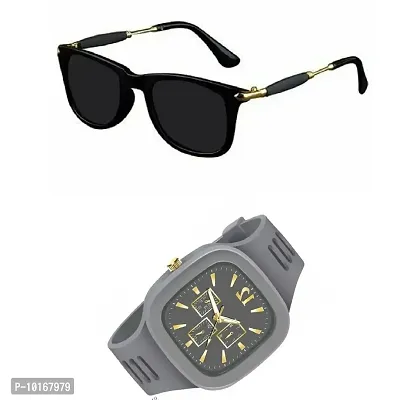 Full Rim, Metal side Trendy and Stylish Black Rectangular Sunglasses For Men & Boys With Trending Analog Watch (GREY)