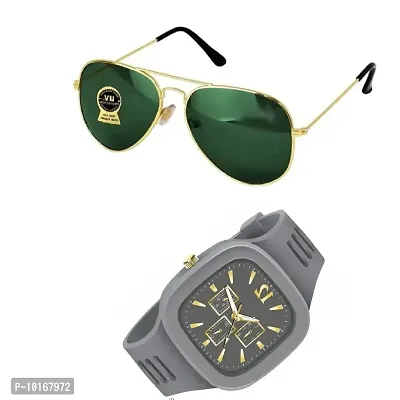 Full Rim , Trendy & Stylish Aviator Sunglasses For Men & Boys With Stylish Analog Wrist Watch (GREY)-thumb2