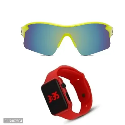 Sports Sunglasses, U V Protected Sports Sunglasses For Boys & Men With Free Analog & Digital Watch (RED)-thumb0