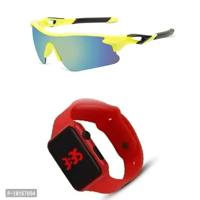Sports Sunglasses, U V Protected Sports Sunglasses For Boys & Men With Free Analog & Digital Watch (RED)-thumb2