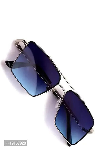 Retro Rectangular Sunglasses Premium Glass Lens Flat Metal Sun Glasses Men Women (BLUE)-thumb3
