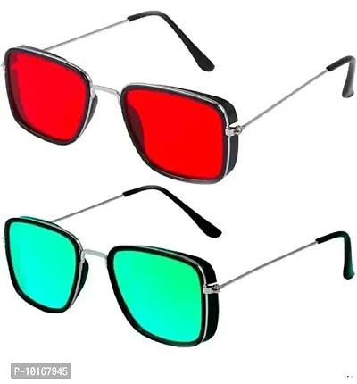 Sunglasses Combo , Men Alloy Frame Square Sunglasses ,U V Protected Combo Pack of 2 (GREEN & RED)-thumb2