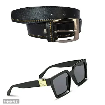 Men Black Belt , Men Black Pin Buckle Artificial Leather Belt With U V Protected Sunglasses (black)-thumb0