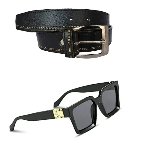 Men Black Belt , Men Black Pin Buckle Artificial Leather Belt With U V Protected Sunglasses
