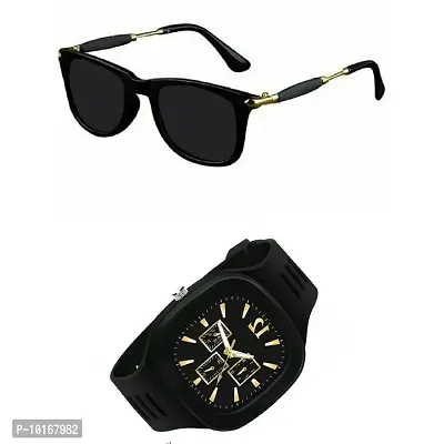 Full Rim, Metal side Trendy and Stylish Black Rectangular Sunglasses For Men & Boys With Trending Analog Watch (BLACK)-thumb2