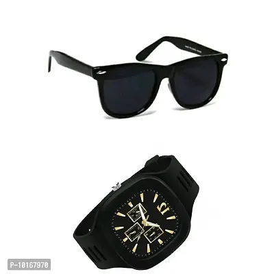 Full Rim , Trendy And Stylish U V Protected Black Rectangular Sunglasses For Men & Boys With Free Analog Wrist Watch (BLACK)-thumb2
