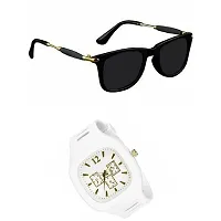 Full Rim, Metal side Trendy and Stylish Black Rectangular Sunglasses For Men & Boys With Trending Analog Watch (WHITE)-thumb1
