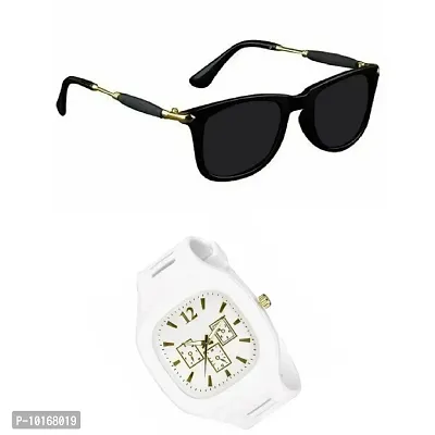 Full Rim, Metal side Trendy and Stylish Black Rectangular Sunglasses For Men & Boys With Trending Analog Watch (WHITE)-thumb2
