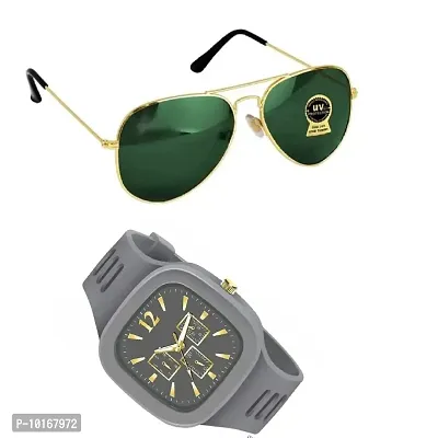 Full Rim , Trendy & Stylish Aviator Sunglasses For Men & Boys With Stylish Analog Wrist Watch (GREY)-thumb0