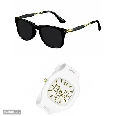 Full Rim, Metal side Trendy and Stylish Black Rectangular Sunglasses For Men & Boys With Trending Analog Watch (WHITE)
