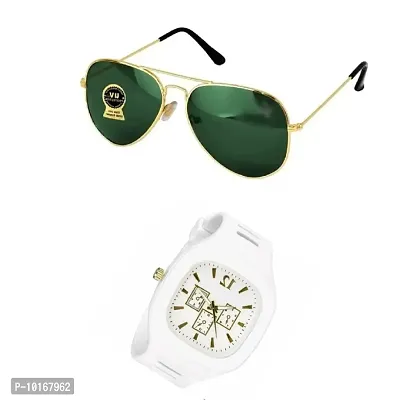 Full Rim , Trendy & Stylish Aviator Sunglasses For Men & Boys With Stylish Analog Wrist Watch (WHITE)-thumb2