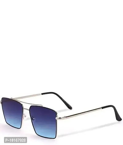 Retro Rectangular Sunglasses Premium Glass Lens Flat Metal Sun Glasses Men Women (BLUE)-thumb2
