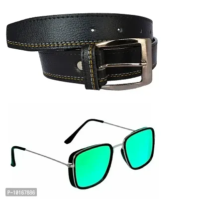 Men Black Belt , Men Black Pin Buckle Artificial Leather Belt With U V Protected Sunglasses (Green)-thumb0