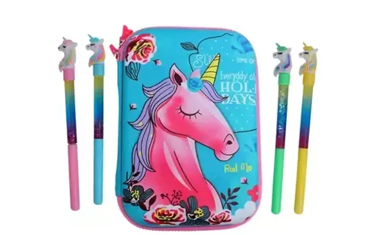 Unicorn Blue Pencil Box for Kids, Boys  Girls with 4 Unicorn Glitter Pens