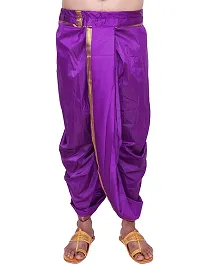 KALAPURI Unstiched Purple Color Dhoti  Angavastram Set With Golden Jari Border | Free Size | Men's Art Silk Fabric | For Trational Functions, Pooja  Festivals-thumb3