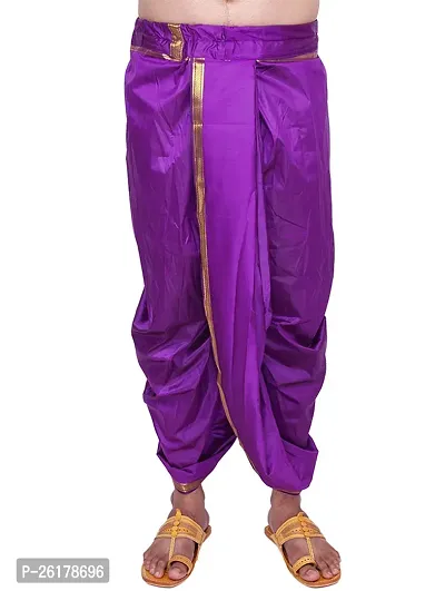 KALAPURI Unstiched Purple Color Dhoti  Angavastram Set With Golden Jari Border | Free Size | Men's Art Silk Fabric | For Trational Functions, Pooja  Festivals-thumb4