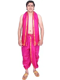 KALAPURI Unstiched Fuchsia Color Dhoti  Angavastram Set With Golden Jari Border | Free Size | Men's Art Silk Fabric | For Trational Functions, Pooja  Festivals-thumb1