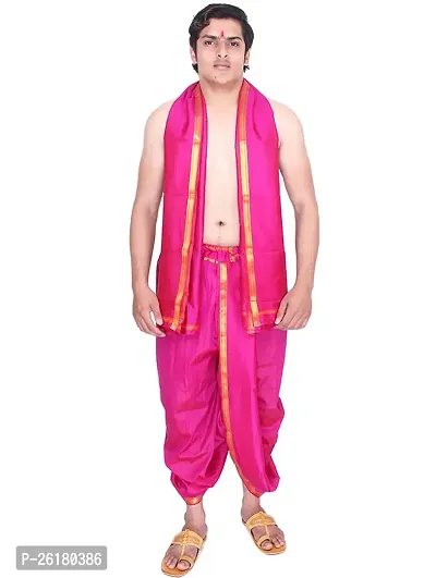 KALAPURI Unstiched Fuchsia Color Dhoti  Angavastram Set With Golden Jari Border | Free Size | Men's Art Silk Fabric | For Trational Functions, Pooja  Festivals-thumb2